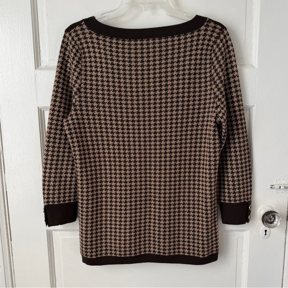 Talbots Merino Wool Brown Houndstooth Sweater‎ Boat Neck Preppy Classic Office M - Picture 11 of 14